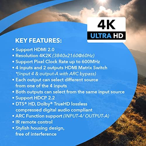 Матричен превключвател OREI 4K, HDMI, 4 X 2, преминаването 18G UltraHD с Arc Поддържа IR-дистанционно управление до 4K при
