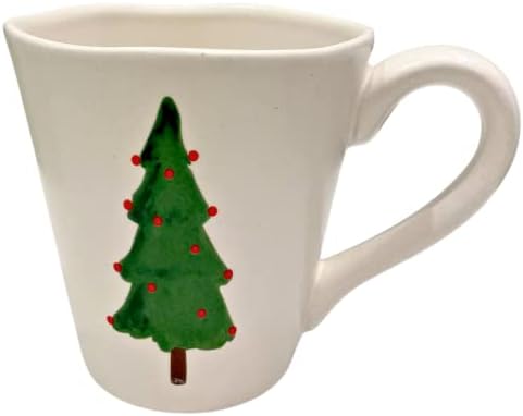 Подарък Кафеена чаша от керамика с тънка глазура Коледна елха ръчно изработени Look | Художествена Коледно дърво с червени гирлянди отпред и отзад
