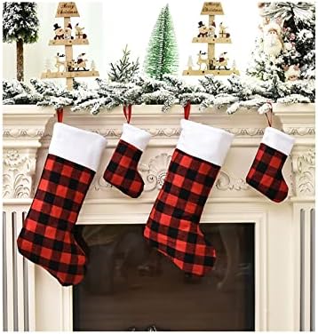 Коледни Чорапи Tangduner, Черни, Червени Коледни Чорапи в Клетката цвят Бизон, с Плюшени Белезници, Висящи Чорапи,
