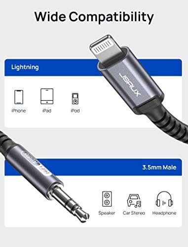 Аудио кабел JSAUX Светкавица-3,5 мм, 6 фута, [сертифициран от Apple Пфи] Aux кабел, Съвместим с iPhone 14/14