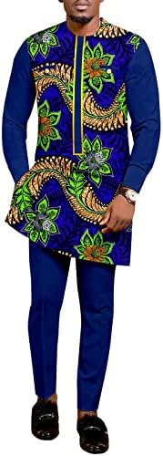 Африкански Костюми за Мъже, Риза с дълъг ръкав и Принтом, Панталони, Комплект от 2 теми, Ежедневни Облекла в стил Дашики, Спортни дрехи Големи Размери