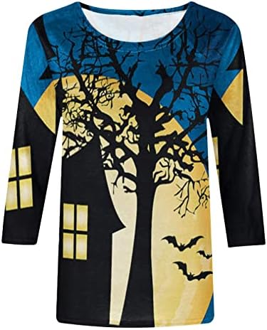 Риза с кръгло деколте на Хелоуин, Дамски Модни Свободна Тениска с Принтом, Блуза, със средна дължина, С 3/4 ръкави, Ежедневни Блузи
