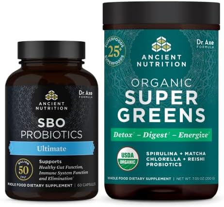 Капсули с пробиотиками Ancient Nutrition SBO, 60 порции + Прах Supergreens, С вкус на Зелените, 25 Порции