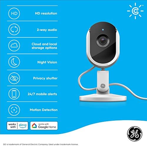 Интелигентна Камера за сигурност на GE Lighting CYNC за помещения, следи бебето, Помещение за кучета, Нощно виждане, Работи с Alexa и Google Home, Двупосочен звук, резолюция 1080p