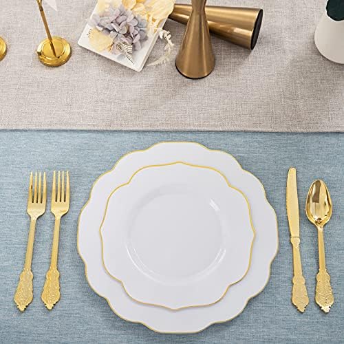 120 бр. златни пластмасови чинии - Бели Пластмасови чинии със златен ръб - Включват 60 бр. места за хранене чинии 10,25 и 60