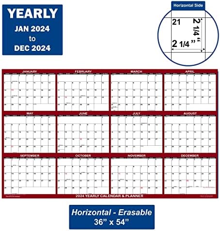 36 x 54 Стенен Календар SwiftGlimpse 2024, Стираемый, Ламиниран за влажно и сухо изтриване XLarge, Годишен Стенен Планер на 12 месеца, Странично оттичане, тъмно бордо