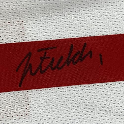 В рамка С автограф / с подпис на Джъстин Фийлдс 33x42 Бяла Футболна Фланелка Колеж на щата Охайо Бекет БАС COA
