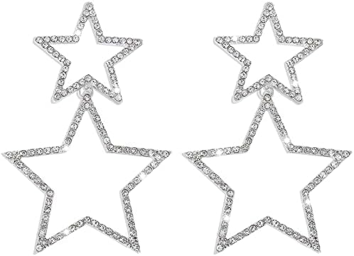 Сребърни Обеци-Карамфил под формата на Звезди, за Жени или Момичета, С Кристали, Дълги Висящи Обеци в формата на Звезда, Светлина на Кристални Висящи Обеци, Елегантн