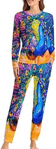 Цветна Жена Пижамный Комплект с Павлином, Отгоре с дълъг ръкав и Панталони от две Части, Пижами с принтом, Облекло за почивка