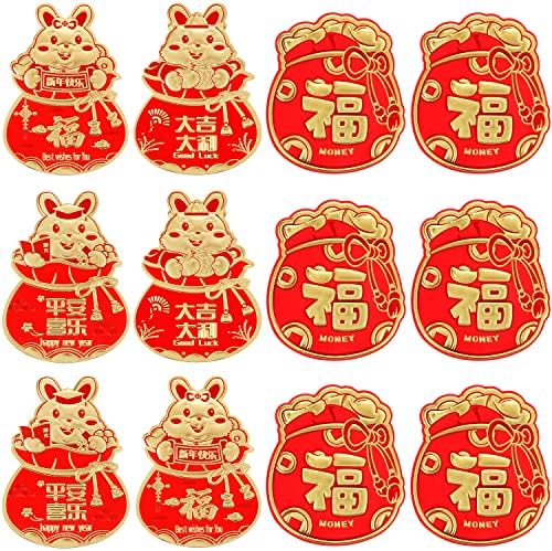 12 броя 2023 китайски червени пликове, LIYDE китайски коледни червени пликове Години заек Хунбао червени джоб-пликове