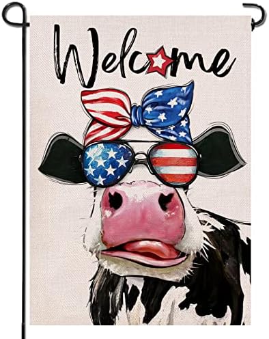 Artofy Добре Дошли, на 4 юли, Патриотичен Малък Декоративен Градински Флаг с изображение на Крава, Междузвездни