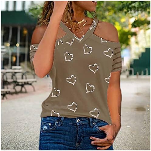 Nxxyeel Върхове с открити рамене за жените, Женска Тениска с Къс Ръкав, V-образно деколте, Ежедневни Тениски в Ивица с Принтом