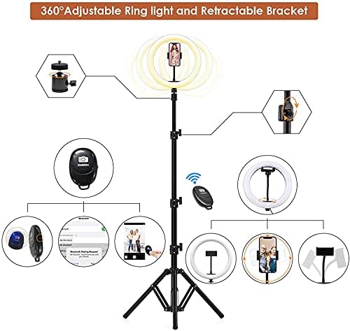 10-инчов околовръстен лампа за селфи с 50-инчов прибира статив и гъвкав притежател на мобилен телефон, подходящ за директно
