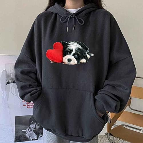 Големи качулки за жени сладък и сърцето куче печатни пуловер свободни падането на рамото, с дълъг ръкав с качулка с drawstring