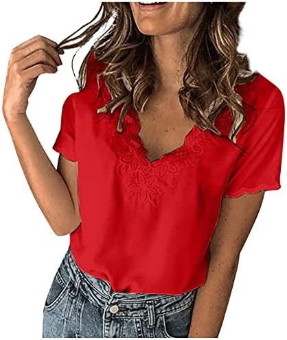 Дамски тениски, Модерни Ежедневни Обикновена Тениска С V-образно деколте и Къси ръкави С Бродерия, Блузи, Потници, Основни Тениски