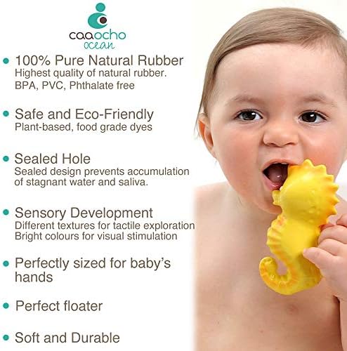 Детска играчка за баня, чист и естествен каучук CaaOcho - Nalu The Seahorse - Без дупки, БПА, PVC, Без фталатов, Текстурирани