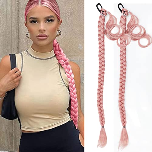 2 опаковане на розово плетеного изграждане на конска опашка за чернокожите жени, синтетичен обвивка около конска опашка, дълга плетена коса за изграждане на конска
