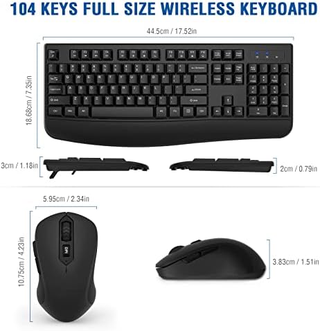 Безжична Комбинирана клавиатура и мишка, в пълен размер Ергономична Компютърна клавиатура EDJO 2.4 G с поставка за китката и регулируема на 3 нива DPI безжична мишка за н
