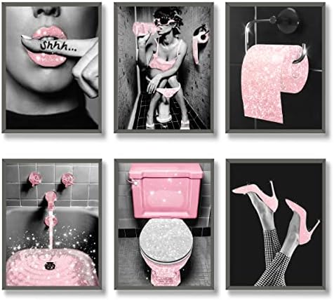 Luodroduo Модерен Стенен декор за баня, Щампи, Комплект от 6 бляскави Розови блестящи Филтър плакати върху Платно, Снимки,