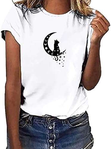 Жените Красиви Графики Тениски с кръгло деколте и Къс ръкав, Летни Ежедневни Тениски с Хубав Принтом Котка и Луната