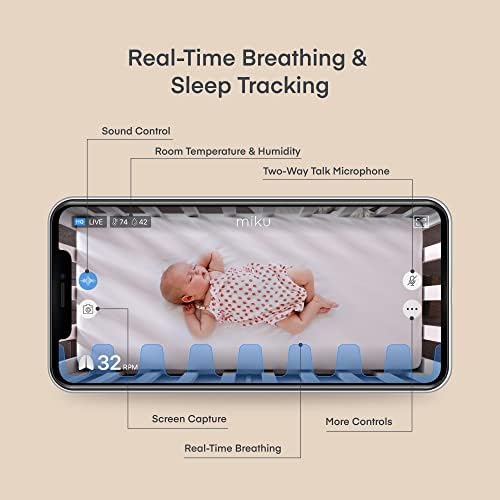 Умен следи бебето Miku Pro с подови поставка - Бесконтактное проследяване на дишането и съня - Видеоняня с висока разделителна способност в реално време с камера и звук