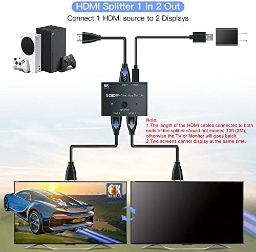 HDMI превключвател 8K, HDMI превключвател 1 2 изход или 2 в 1 изход, HDMI превключвател 2.1 Поддържа 8K при 60