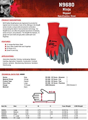 Ръкавици Memphis Gloves N9680S Ninja Flex Nylon Shell с латекс, импрегнирани дланта и върховете на пръстите, Сиво-червени,