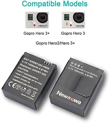 Преносимото батерия AHDBT-302 Newmowa капацитет 1300 mah (2 комплекта) и бързото 3-канален зарядно устройство за GoPro Hero 3, GoPro Hero 3 +, AHDBT-301, AHDBT-302