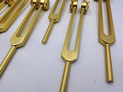 Набор от Камертонов за Свещения Солфеж YANTRA Златен цвят с утяжелителем от 9 парчета за Възстановяване на ДНК с В и Луксозен мешочком