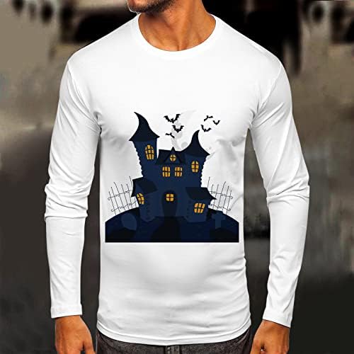 XXBR Върховете на Хелоуин за мъже, Ежедневни Празнична Тениска с Принтом Haunted house с Дълъг Ръкав и Забавно Графичен