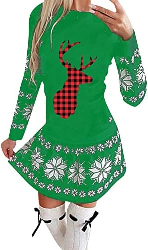 Жена Зелено Грозна Коледна Рокля, Коледни Вечерни Рокли Трапецовидна форма с дълъг ръкав
