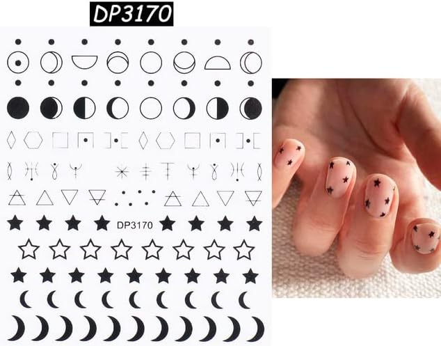 8 Листа Черни Метални Геометрични Линии Етикети за Дизайн на Ноктите 3D Стикери Самозалепващи Pegatinas para Uñas Звезда Луната