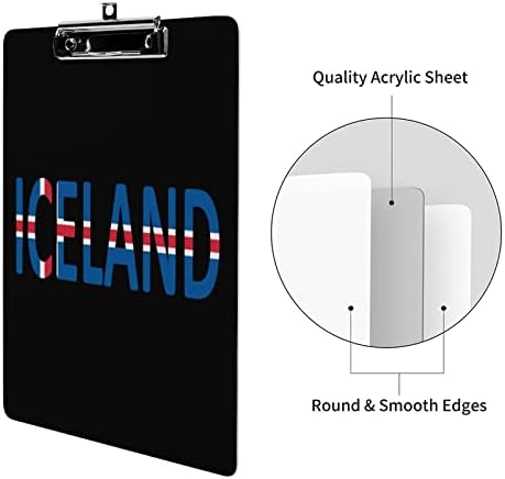 Акрилни клипборды с флага Исландия с белязана от ниско-профил клипсой, сладки клипборды стандартен размер А4 за обучение в офиса