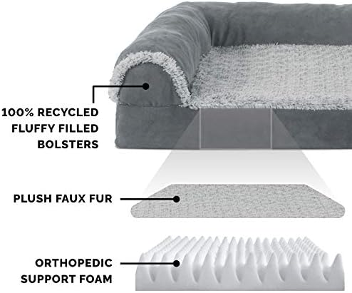 Ортопедично легло за кучета Furhaven Medium, Двоен Шезлонг от изкуствена кожа и Велур L-образна форма с Подвижен Миещ