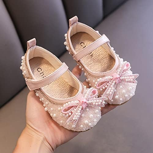 Обувки на нисък ток за момичета, Модел обувки от изкуствена кожа с лък, Ежедневни обувки, Детски обувки с подсветка (Розова,