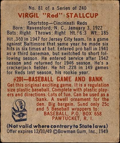 1949 Боуман 81 Вергилий Столлкап Синсинати Редс (Бейзболна картичка) хубаво червено