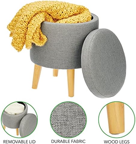 mDesign Кръг Стол-Табуретка за съхранение на неща с Поставка за краката - Малка Табуретка-Органайзер за мебели и седалка с дървени