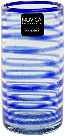 Чаши за вода NOVICA ръчна изработка от синьо рециклирано стъкло, 9 грама Вихрушка (Комплект от 4)
