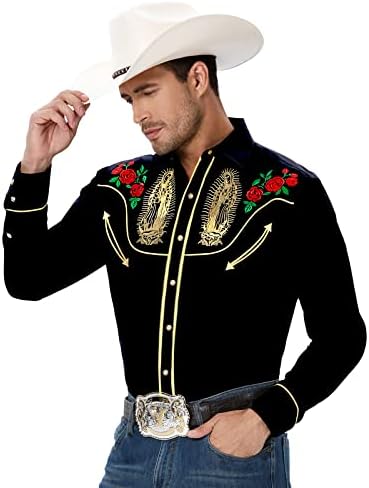 Мъжки ретро-риза SALVAJE OESTE с дълъг ръкав и изображение на Дева мария от Гуадалупе, Каубойски Ризи в стил Уестърн, Риза с дълъг ръкав копчета SALVAJE OESTE