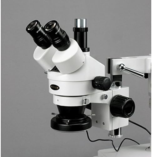 Професионален тринокулярный стереоскопичен увеличение на микроскопа AmScope SM-4TY-144A, окуляры WH10x, увеличаване на 7X-90X, обектив с увеличение от 0,7 X 4,5 X, Четырехзонная led о?