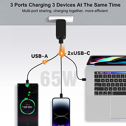 Зарядно устройство, USB C, Pofesun 65W 3-Пристанище Складное Монтиране на зарядно устройство, USB C, захранващ Адаптер за