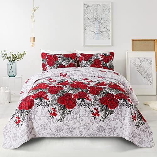 Комплект одеяла Luxudecor Red с цветя модел - покривало за легло Queen от 3 теми с елегантен модел на пеперуда