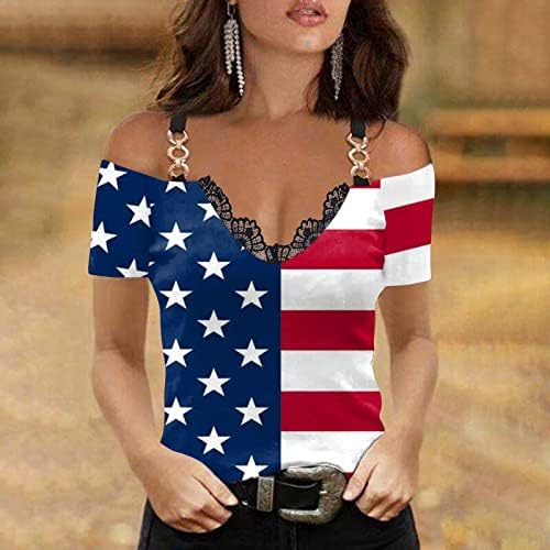 Блуза с цип За Момичета 2023, Къс Ръкав, Открити Рамене, Завързана Памук, V-Образно Деколте, Американски Флаг, Графичен