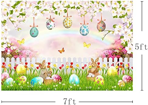 aibiin 7x5ft Великденски Фонове, за Снимки, Декорация за Детски Рожден Ден, Зайо, Разноцветни Яйца, Цветя, Пеперуди, Ограда