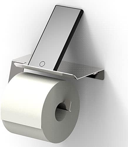 Държач за тоалетна хартия SAFETY + BEAUTY от неръждаема стомана за Мега Roll с рафт за мобилен телефон (Матиран никел, бвп
