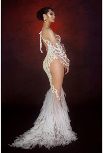 CCBUY Блестящ Кристал Женски Дълга Елегантна рокля с пайети за Сватбени партита, Сетчатое клетчатое рокля за нощен клуб, костюм за танцово шоу на Dj Singer (Цвят: A, размер: