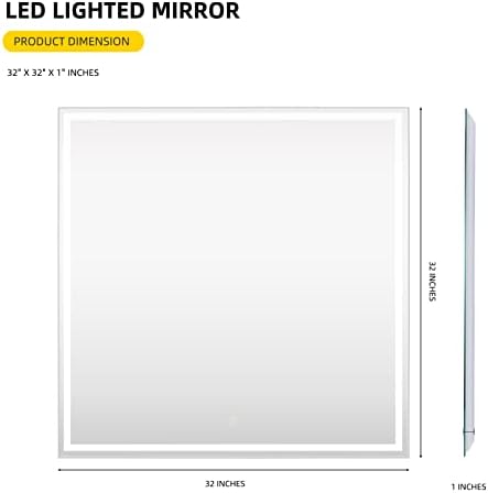 Правоъгълно Led Огледало за Баня Bonverre 32 x 32 Инча с подсветка, Стенно Огледало с осветление, Огледало за тоалетка