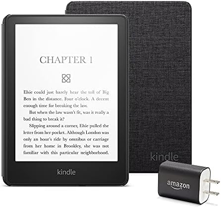 Комплект Kindle Paperwhite Essentials, която включва Kindle Paperwhite - Wi-Fi, с подкрепата на реклама, плат, на корицата