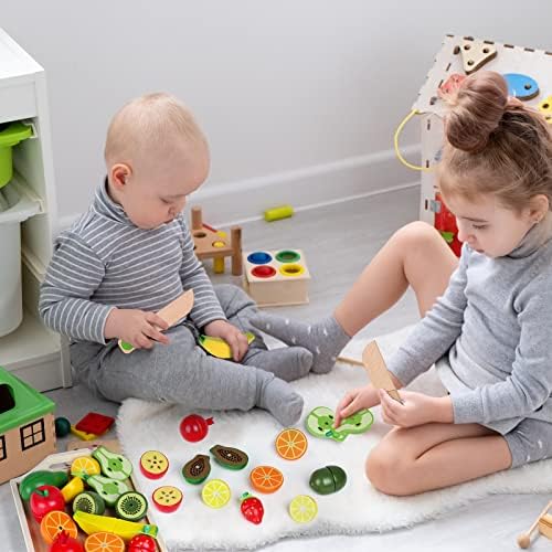 CARLORBO Дървени Играчки за 2-годишно дете - Комплект за игра на Ролеви игри на детска кухня, 9 Играчки за Нарязване