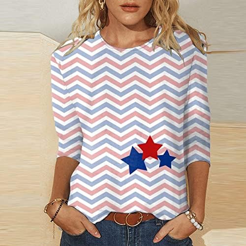 На 4 юли, Ризи за Жени с Флага на САЩ, Лятна Тениска с кръгло деколте и 3/4 ръкав, с ръкав Три Четвърти, Дишащи и Удобни Блузи
